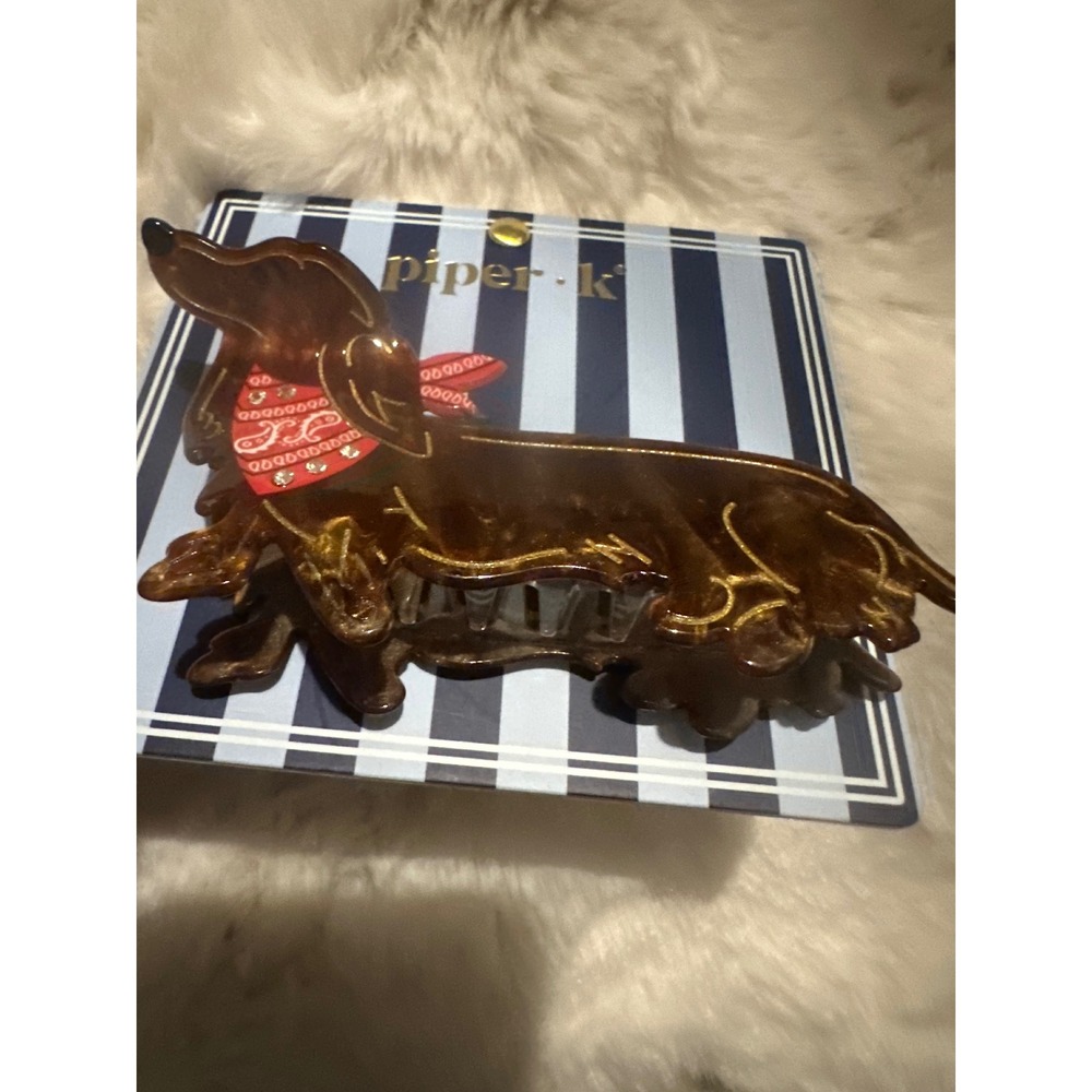 Piper K Dachshund Hair Claw Clip Brown Tortoiseshell Dog Red Bandana Rhinestone
